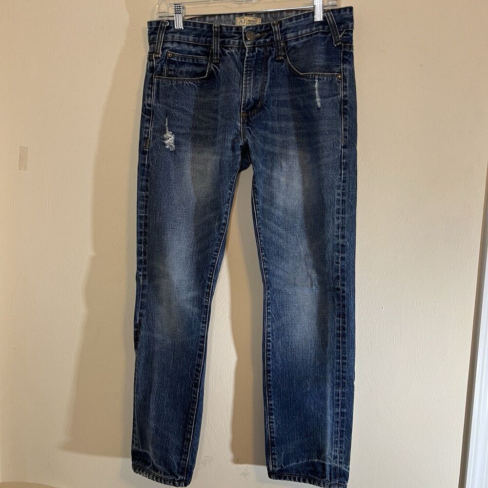 Armani Jeans J08 Slim Jeans W31 Blue Mens Denim Straight Leg Distressed READ